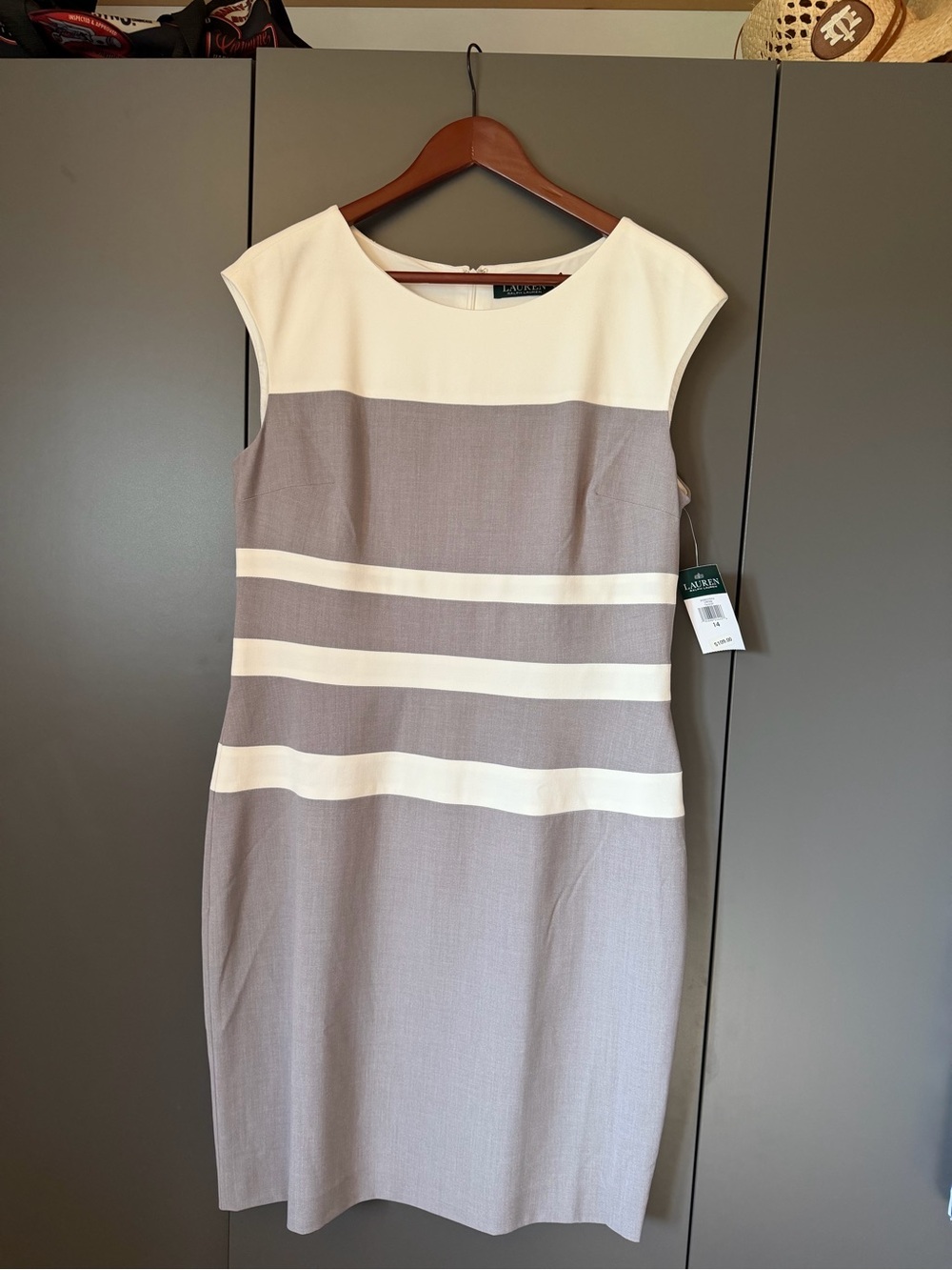 Ralph Lauren Grey and White Striped Cap-Sleeve Sheath Dress